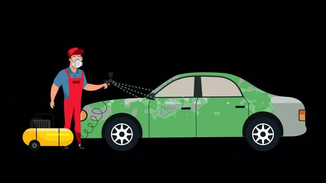 Car Painting Service From Worker Change Color Blue Cartoon 2D Animation On Alpha Channel