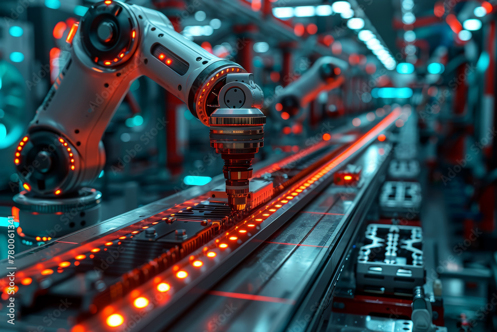 Poster a robotic arm controlled by ai algorithms, performing precise tasks in manufacturing or assembly lin