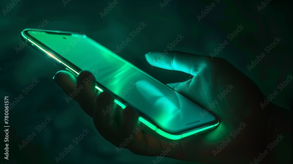 Wall mural the hand holds a realistic cell phone with a bright screen saver on the background in the same color