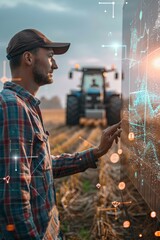 A farmer examines crop data analytics on a holographic display in the field at sunset