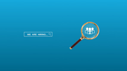We're hiring a red vector banner.  Employee vacancy announcement with a Magnifying Glass on a blue background.