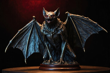 bronze statue on pedestal of a bat with spread wings and flaming eyes on black background