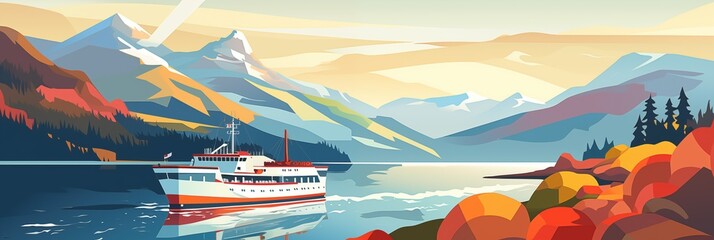 Autumnal fjord cruise, ferry amidst colorful mountain landscapes illustration - 780062132
