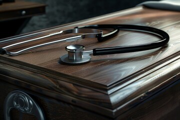 A medical stethoscope resting on the lid of a polished wooden coffin, symbolizing life and mortality. Medical Stethoscope on Glossy Wooden Coffin
