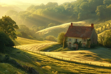 sunrise over idyllic countryside home surrounded by golden fields and rolling hills - obrazy, fototapety, plakaty