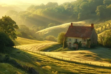Foto op Plexiglas sunrise over idyllic countryside home surrounded by golden fields and rolling hills © Belho Med