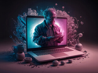 Laptop muestra a una inteligencia artificial saliendo de la pantalla con un fondo colorido y futurista - obrazy, fototapety, plakaty