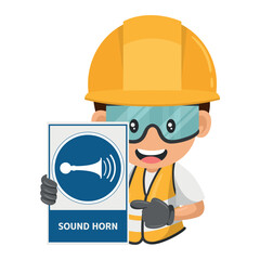 Industrial worker with mandatory sign sound horn. Sound horn of the equipment operator or driver to avoid a collision with another vehicle or people. Industrial safety and occupational health at work