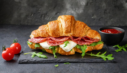 Croissant Sandwich with Salami and Mozzarella. 