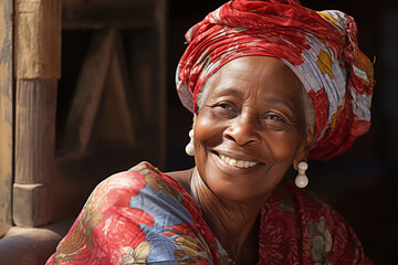 Happy smiling elderly black women. African elderly lady. Elderly African American women. Old person. Africa. AI.