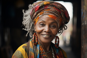 Fototapeta premium Happy smiling elderly black women. African elderly lady. Elderly African American women. Old person. Africa. AI.