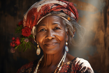 Happy smiling elderly black women. African elderly lady. Elderly African American women. Old person. Africa. AI.