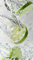 Fresh lime dropped into water with splash on grey background, closeup