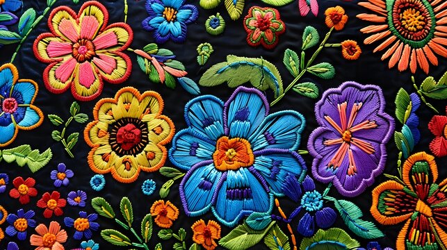 a colorful embroidery on a black surface