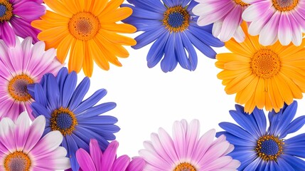 A colorful bouquet of flowers is arranged in a circle. Flowers of different colors and sizes create a bright and lively atmosphere. Frame with space for text. Illustration for cover, card, postcard.