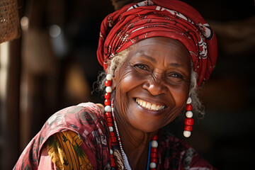 Happy smiling elderly black women. African elderly lady. Elderly African American women. Old person. Africa. AI.