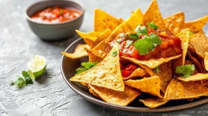 Close-up of savory nachos topped with fresh salsa, cheese, and cilantro - obrazy, fototapety, plakaty