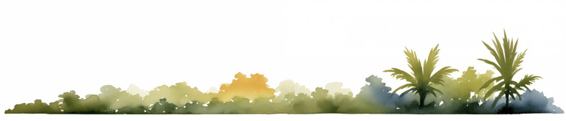 Panoramic watercolor painting depicting a silhouette of tropical foliage and trees against a white background, with a touch of color. Horizontal bar element for book design, divider, separator.