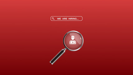 We're hiring a red vector banner.  Employee vacancy announcement with a Magnifying Glass on a red...