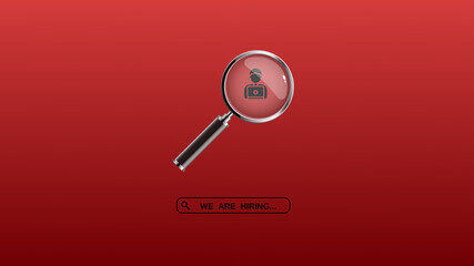 We're hiring a red vector banner.  Employee vacancy announcement with a Magnifying Glass on a red...