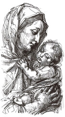 Madonna and Child, Our Lady Virgin Mary Mother of Jesus, Madonna, hand drawing illustration