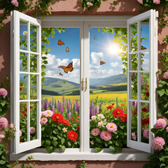 Open door with flowers and butterflies on the background of the summer landscape