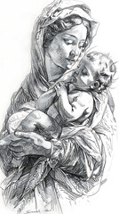 Obraz premium Madonna and Child, Our Lady Virgin Mary Mother of Jesus, Madonna, hand drawing illustration