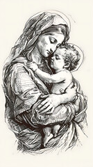 Madonna and Child, Our Lady Virgin Mary Mother of Jesus, Madonna, hand drawing illustration