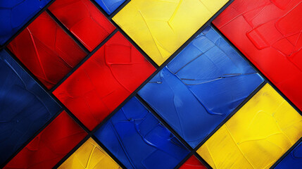 Vibrant pattern of red, yellow, and blue geometric shapes, creating a dynamic and modern texture