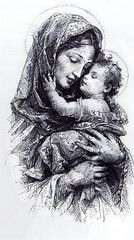 Madonna and Child, Our Lady Virgin Mary Mother of Jesus, Madonna, hand drawing illustration