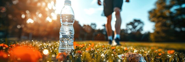 An outdoor fitness boot camp on a sunny field, with a close-up of a clear water bottle, close up photo - obrazy, fototapety, plakaty