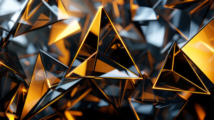 Golden triangular shapes on a black backdrop with a glossy finish. - obrazy, fototapety, plakaty