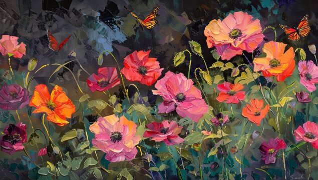 Colorful painting of flowers in the style of impressionist art. The background is dark and vibrant, with a focus on pink, red, and orange poppies and butterflies