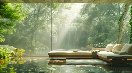 Nature Landscape with Forest and Waterfall, Peaceful Outdoor Scene, Tranquil Wilderness Beauty