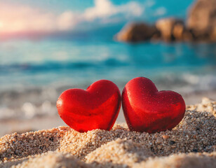 Fototapeta premium Two red hearts on the summer beach at sunset. Honey moon, holiday, Love, Wedding and Valentines day concept