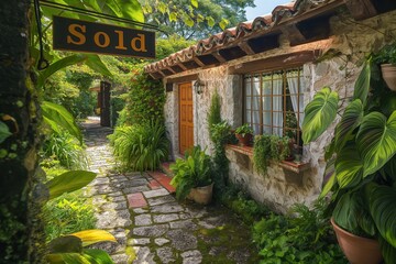 Mediterranean-style summer house with terracotta tiles, a "Sold" sign in the lush garden,