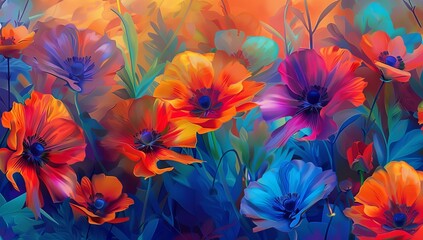 Colorful painting of flowers in the style of impressionist art. The background is dark and vibrant, with a focus on pink, red, and orange poppies and butterflies - obrazy, fototapety, plakaty