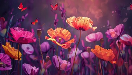 Colorful painting of flowers in the style of impressionist art. The background is dark and vibrant, with a focus on pink, red, and orange poppies and butterflies - obrazy, fototapety, plakaty