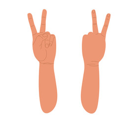 Victory Hand Signs. Two fingers up. Human V hand sign isolated on white background. Hand drawn Hand gesture in Cartoon style. Design of approval emoji for banner, poster, print. Success and victory.
