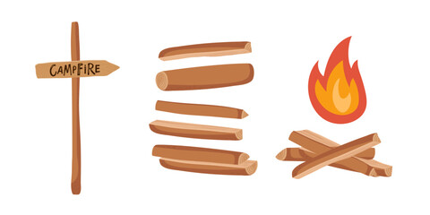 Pointer arrow Campfire. Fire, wood industry materials, stacked brushwood and firewood vector illustration set. Fire with chopped wood. Sticks or firewood burn. Vector hand drawn illustration isolated