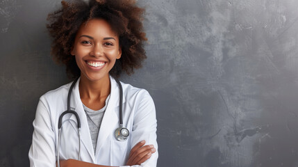 A woman in a white lab coat is smiling and posing for a picture. She is wearing a stethoscope. Woman with perfect skin after cosmetic treatment on white background. Lifting arrows on her neck and face - Powered by Adobe