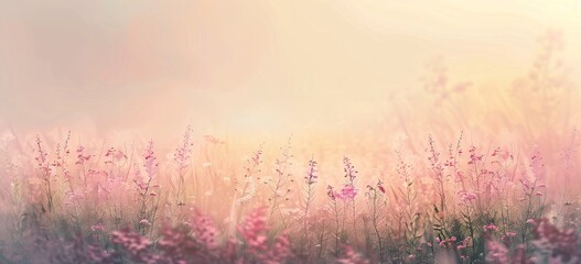 a field of flowers with a foggy sky