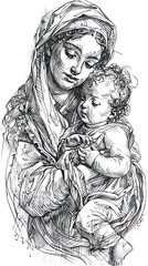 Madonna and Child, Our Lady Virgin Mary Mother of Jesus, Madonna, hand drawing illustration