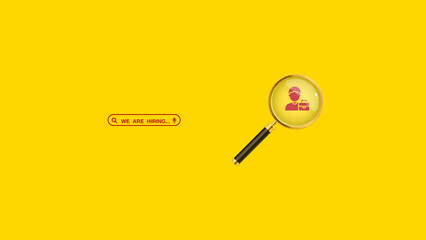We are Hiring a design with a Magnifying Glass on a yellow background. Minimal we are hiring background. 