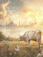 This image is created for Islamic events like Eid ul Adha , cow, poster and copy space - generative ai
