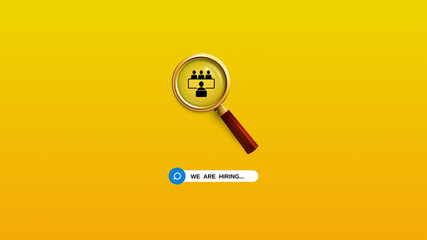 We are Hiring a design with a Magnifying Glass on a yellow background. Minimal we are hiring background. 