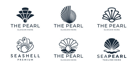 set of pearl logo design inspiration. abstract collection of various seashells isolated on white background