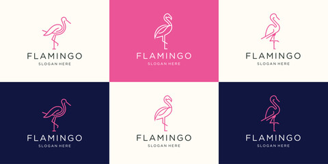 geometric flamingo logos inspiration. pink animals flamingo logo mono line set design template.