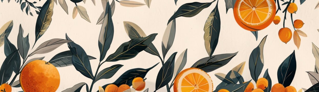 a painting of oranges and leaves