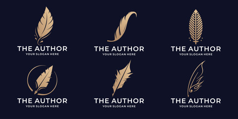 Set of golden quill signature logos design illustration. luxury feather ink logo template branding inspirations.